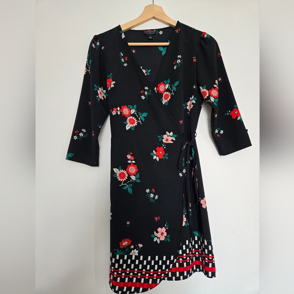 Floral Black Dress with Red and Green Accents